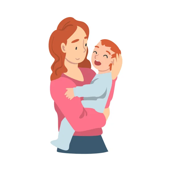 Belle jeune maman tenant son bébé en bas âge, le rôle parental, la maternité et la garde d'enfants concept dessin animé vectoriel illustration — Image vectorielle