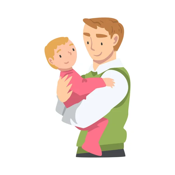 Cheerful Father Holding his Baby Daughter in his Arms, Happy Parenting, Fatherhood and Kids Care Cartoon Vector Illustration — Stock Vector