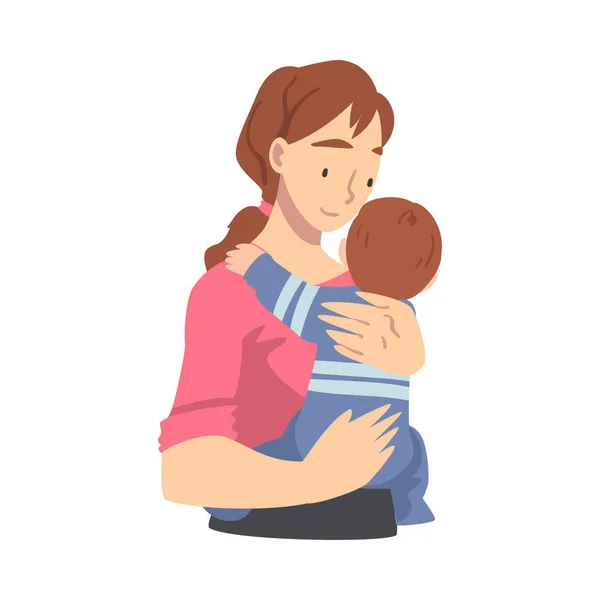 Madre cariñosa sosteniendo a su hijo bebé, crianza feliz, maternidad y cuidado de los niños ilustración vectorial de dibujos animados — Vector de stock