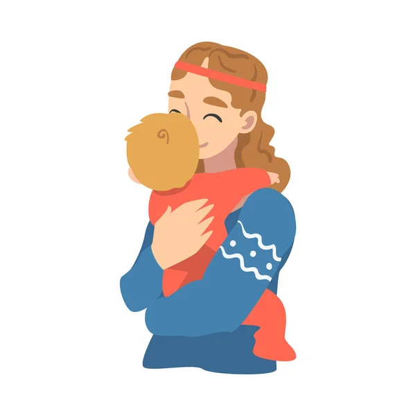 Mooie jong mam knuffelen haar baby, gelukkig ouderschap, moederschap en kinderen zorg cartoon vector illustratie — Stockvector