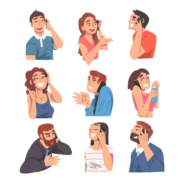 People Talking on Phones Set, Young Women and Men Using Smartphone in Friendly or Business Telephone Communication Cartoon Vector Illustration — Stock Vector
