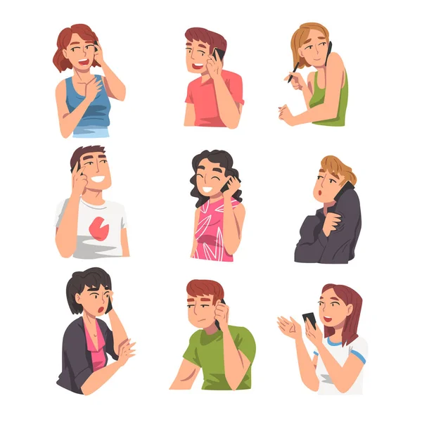 ( 영어 ) People Talking on Phones Set, Women and Men Using Smartphone in Friendly, Family or Business Communication Cartoon Vector Illustration — 스톡 벡터