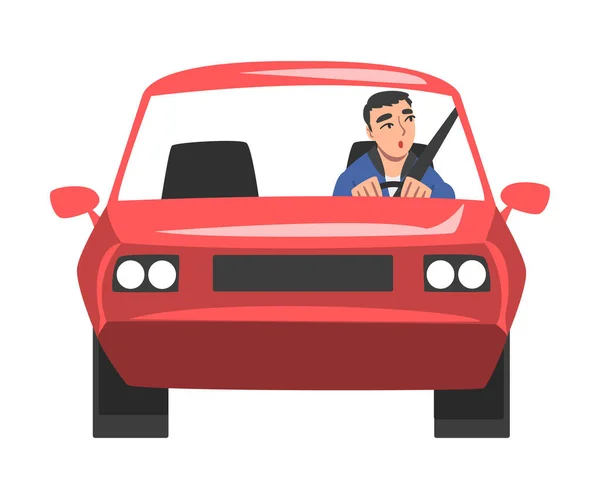 Front View of Man Riding Red Car, Cheerful Male Driver Driving Vehicle Cartoon Vector Illustration — Stock Vector