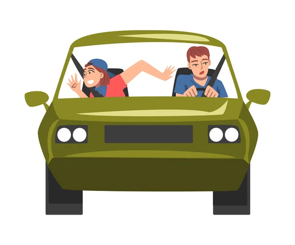 Front View of People Riding Khaki Car, Man Driver Driving Vehicle and his Son Sitting in Passenger Seat Cartoon Vector Illustration — Stock Vector