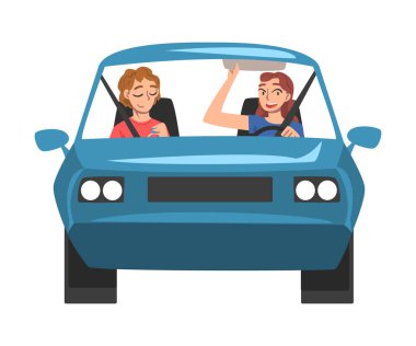 Mavi Araba Binen İnsanlar, Neşeli Kız Sürücü Aracının Önü ve Arkadaşı Yolcu Koltuğu Çizgi Filmi Vektör İllüzyonu