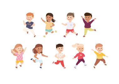 Mutlu Koşan Erkekler ve Kızlar Seti, Mutlu Gülümseyen Anaokulu Çocukları İzole Beyaz Geçmiş Vektör İllüstrasyonunda Eğleniyor