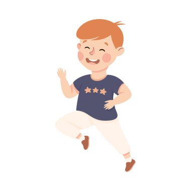 Neşeli Çocuk Koşuyor, Günlük Giysiler Giyen Okul Öncesi Çocuk İzole edilmiş Beyaz Arkaplan Vektör İllüstrasyonunda Eğleniyor