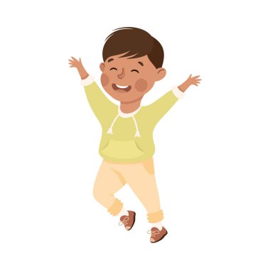 Mutlu Gülümseyen Çocuk Kollarını kaldırıp koşuyor, Okul Öncesi Çocuk İzole edilmiş Beyaz Arkaplan Vektör Resimlerinde Eğleniyor