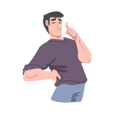 Şüpheci Genç Adam, Parmak Çizgi Filmi Vektör İllüstrasyonuyla Gösteriyor