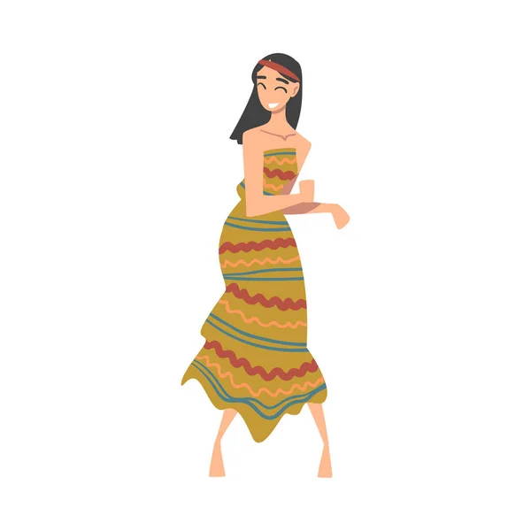 Personagem bonita mulher hippie, menina morena vestindo roupas estilo retro dançando na festa de discoteca Cartoon Vector Ilustração — Vetor de Stock