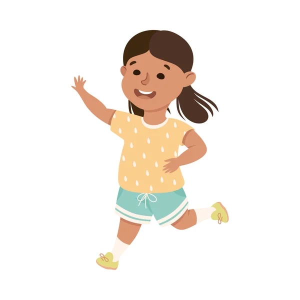 Happy Lovely Girl Running, Prechool Kid Having Fun on Isolated White Background Vector Illustration — стоковый вектор