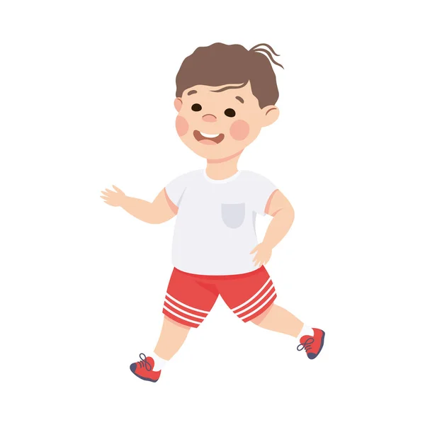 Niño corriendo feliz, niño preescolar sonriente adorable que se divierte en fondo blanco aislado Vector ilustración — Archivo Imágenes Vectoriales