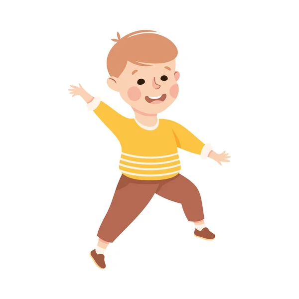 Schattige jongen hardlopen, gelukkig kleuterschool kind plezier op geïsoleerde witte achtergrond vector illustratie — Stockvector