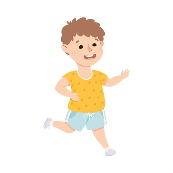 Happy Boy Running Wearing Shorts and T-shirt, Preschool Kid Having Fun on Isolated White Background Vector Illustration — Stock Vector