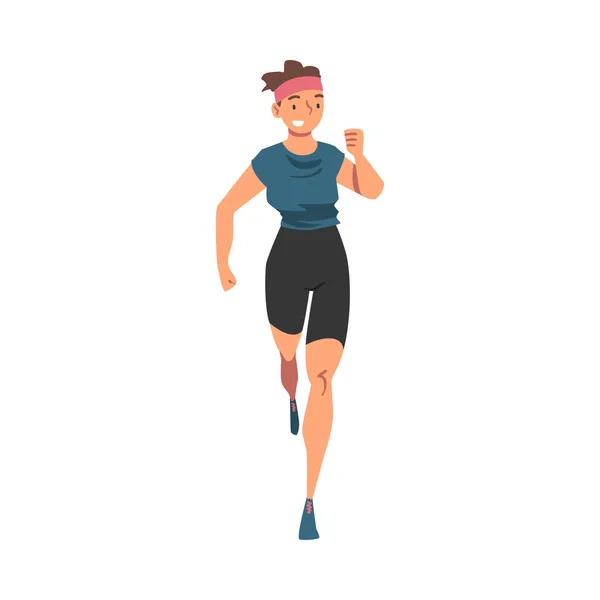 Молодая бегущая женщина, спортсменка в спортивной форме бегущая марафон, занимающаяся утренней тренировкой на изолированном белом фоне — стоковый вектор