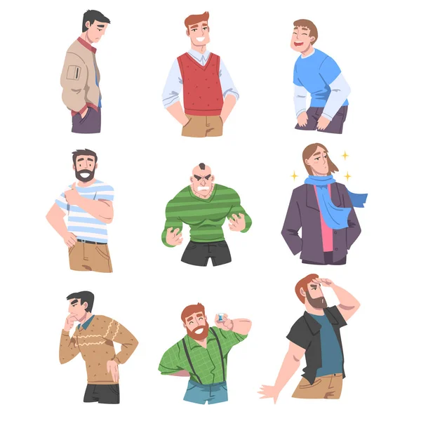 Hombres jóvenes con diferentes emociones Set, alegre, enojado, estresado, hombres, emociones humanas y sentimientos Concepto Dibujos animados Vector Ilustración Vector de stock