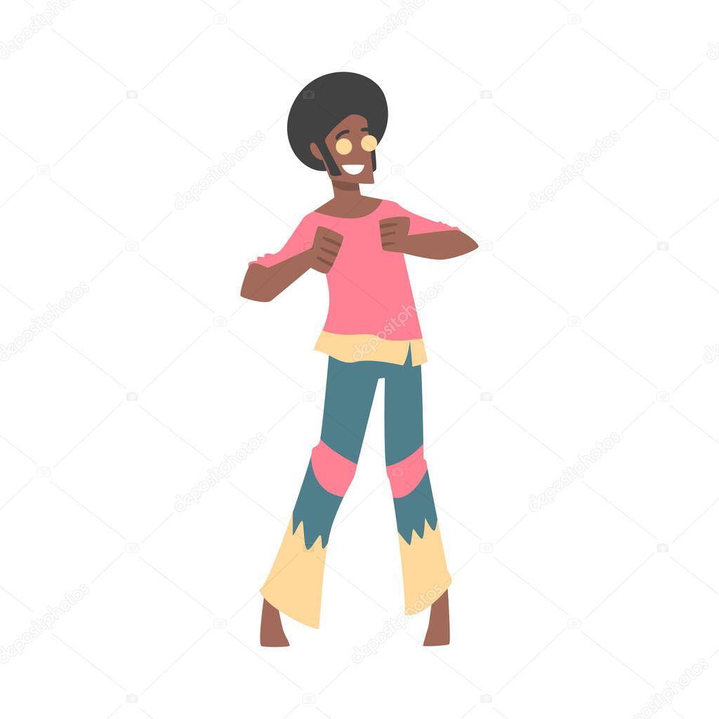 African American Man Hippie Character, Happy Man Wearing Retro Style Clothing Dancing Cartoon Vector Illustration