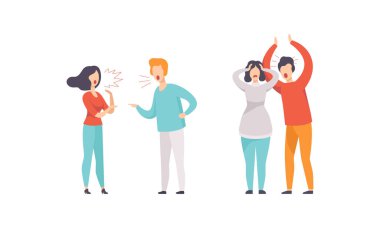 Erkek ve kadın birbiriyle tartışıyor ve tartışıyor Bağırıyor ve Bağrışan Vektör İllüzyonu