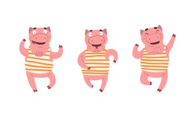 Komik Bıyıklı Domuz Çizgili Tank Üst Pozisyon Vektörü Seti
