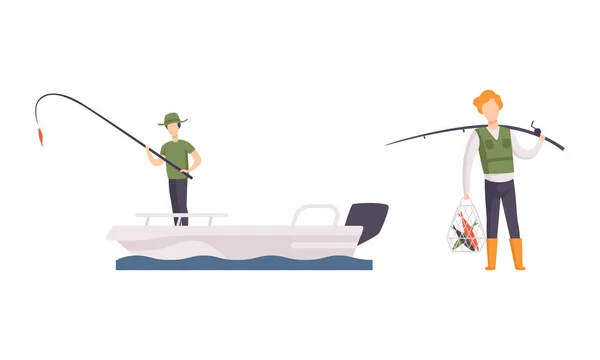 Pêcheur ou pêcheur en bottes en caoutchouc capturant du poisson à partir d'un ensemble de vecteurs d'eau — Image vectorielle