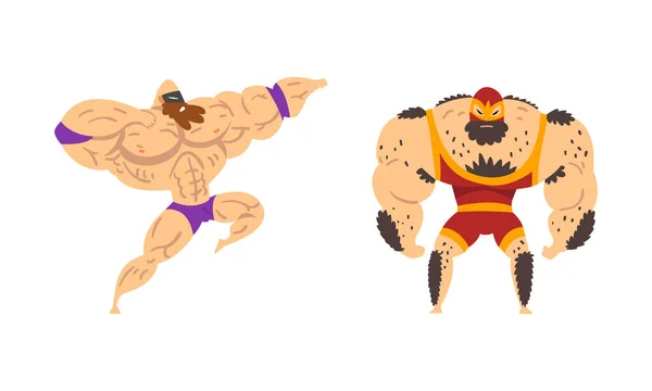 Luchador muscular posando y golpeando involucrado en artes marciales mixtas luchando contra el conjunto de vectores — Vector de stock