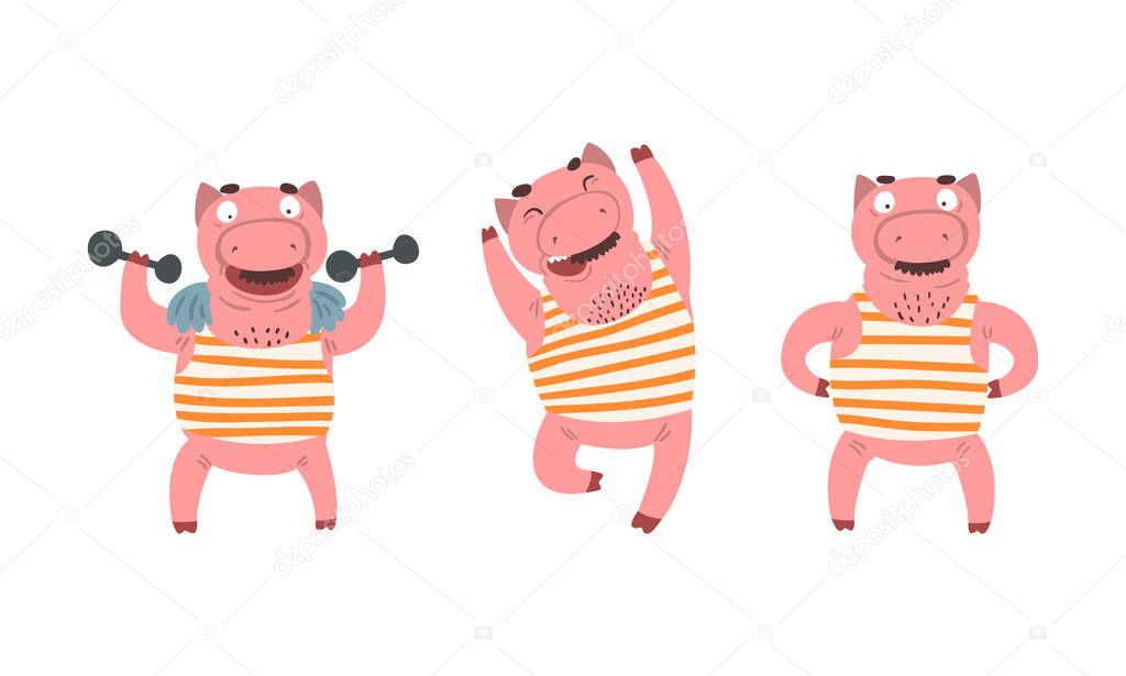 Funny Mustached Pig Wearing Striped Tank Top Posing Vector Set