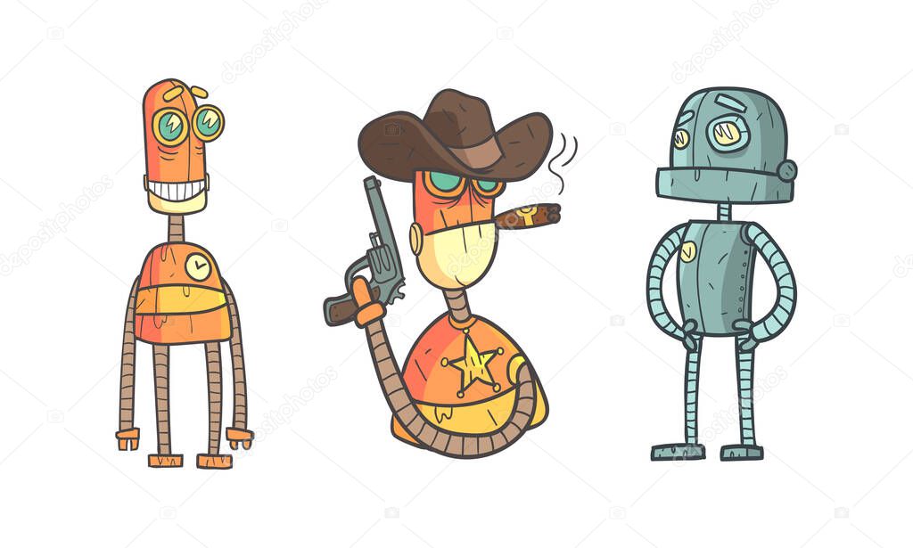Metal Robot with Different Emotions as Cartoon Mechanical Android in Outline Style Vector Set