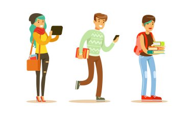 Üniversite ve Kolej Öğrencileri Gelişigüzel Giyiniyor Kitaplar ve Çantalar Vector Set