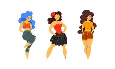 Artı Boyut Kadın Model Pozisyonu ve Gülümseyen Vektör Kümesi