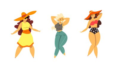 Artı Boyut Kadın Model Pozisyonu ve Gülümseyen Vektör Kümesi