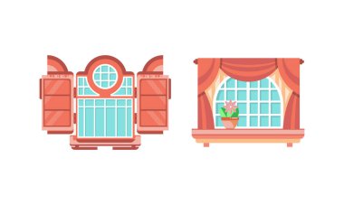 Pencere Menteşeli ya da Kepenkli Sash Penceresi ve Çiçek Saksısı Sill Vektör Kümesinde Dinlenmiş.