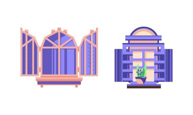 Pencere Menteşeli ya da Kepenkli Sash Penceresi ve Çiçek Saksısı Sill Vektör Kümesinde Dinlenmiş.