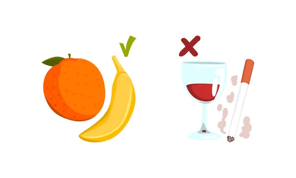 Schadelijke en gezonde gewoonten met de Vectorset Alcohol, Sigaret en Fruit — Stockvector