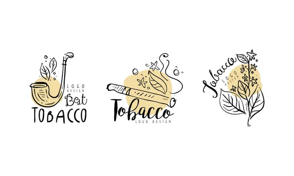 Design do logotipo do tabaco com tubulação de fumar e folhas de plantas no conjunto de vetores de estilo desenhado à mão — Vetor de Stock