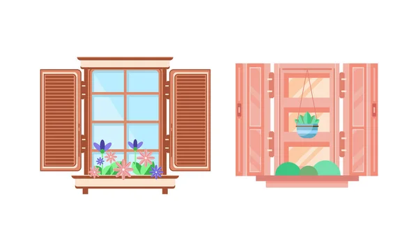 Hinged or Sash Window with Shutters and Flower Pot Rested on Sill Vector Set. — Stock Vector