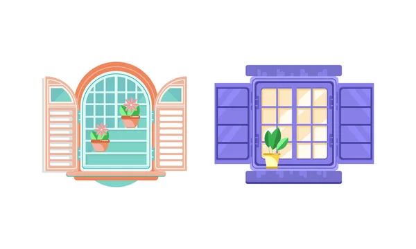 Klapp- oder Flügelfenster mit Rollläden und Blumentopf auf Sill Vector Set. — Stockvektor