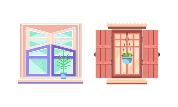 Hinged or Sash Window with Shutters and Flower Pot Rested on Sill Vector Set. — Stock Vector