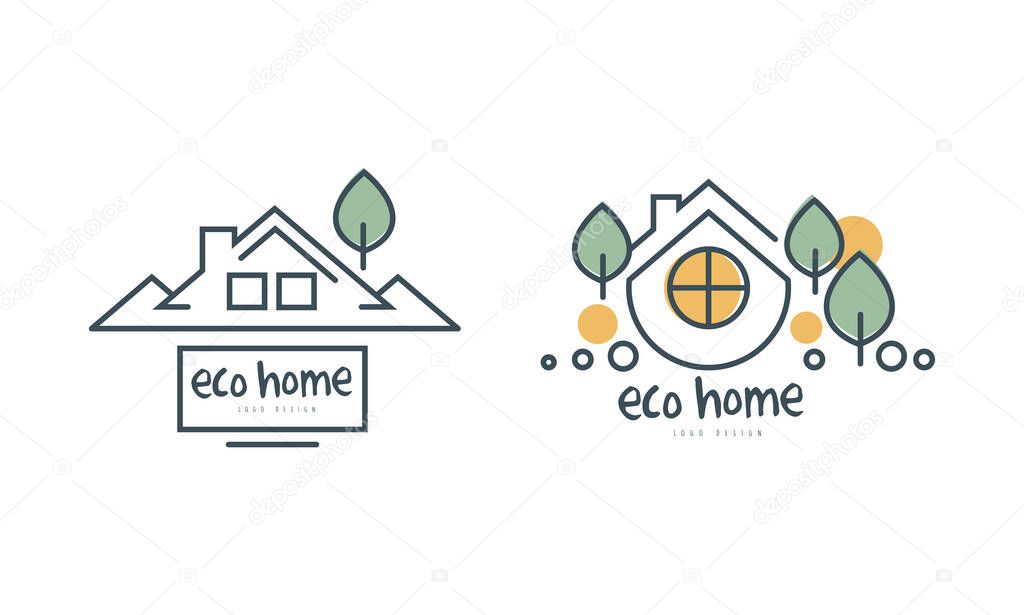 Eco Home or Eco-house Logo Design with Green Leaf Vector Set. Graphic Mark of Sustainable and Environmentally Friendly Real Estate Made from Natural Materials and with Use of Renewable Resources