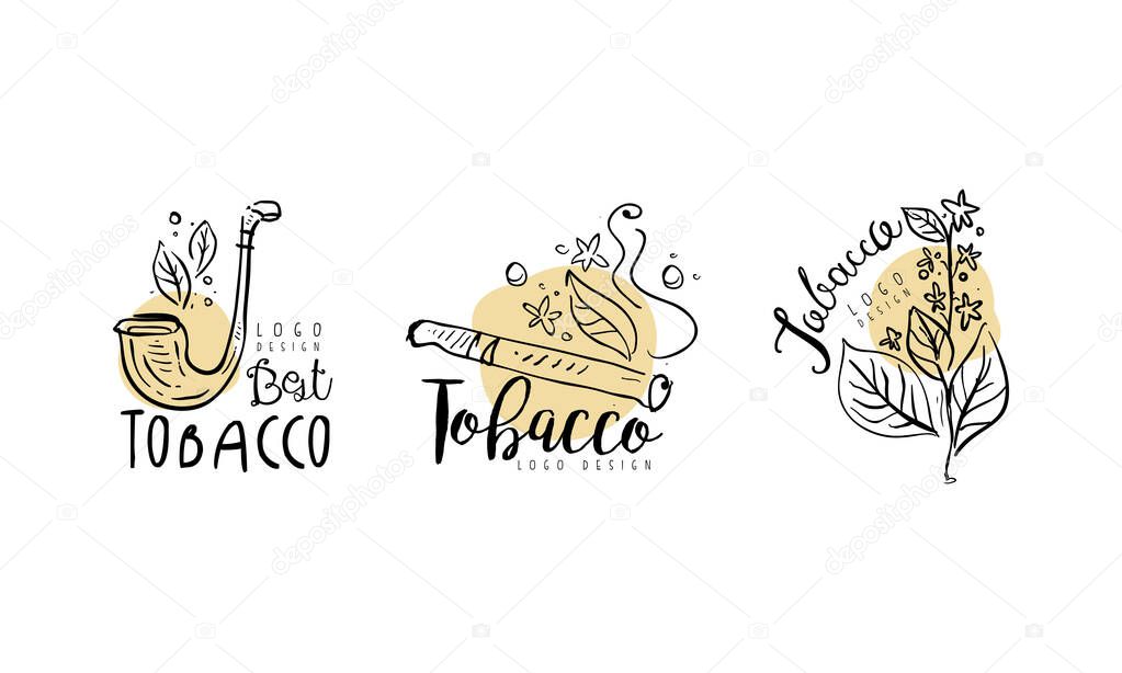 Tobacco Logo Design with Smoking Pipe and Plant Leaves in Hand Drawn Style Vector Set. Graphic Mark as Company Brand for Nicotine Product Shop Concept