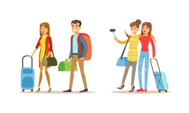 Tekerlekli Bavul Seyahat Vektörü Ayarlı Halk Karakterleri