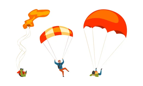 Parachutering Man Parachutist Descenting met behulp van Parachute Vector Set — Stockvector