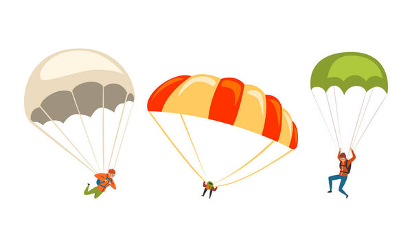 Parachuting Man Paratrooper Descenting Using Parachute Vector Set