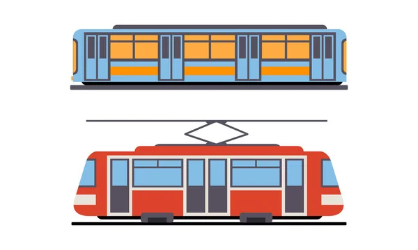 Tram ou tramway et train en tant que véhicule ferroviaire circulant sur la voie de tramway le long des rues urbaines Ensemble vectoriel — Image vectorielle