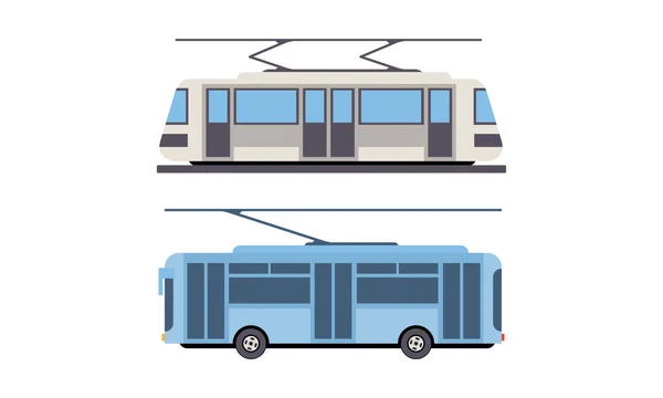 Tram of tram en trolleybus als spoorvoertuig dat op Tramway Track langs stedelijke straten Vectorset rijdt — Stockvector