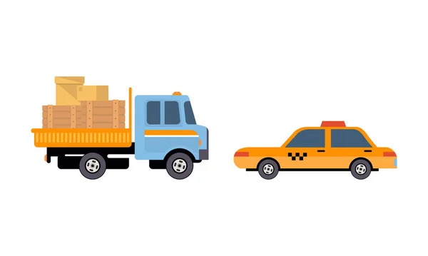 Camión o camión como vehículo de motor y transporte urbano para transportar el conjunto de vectores de carga y taxi — Vector de stock