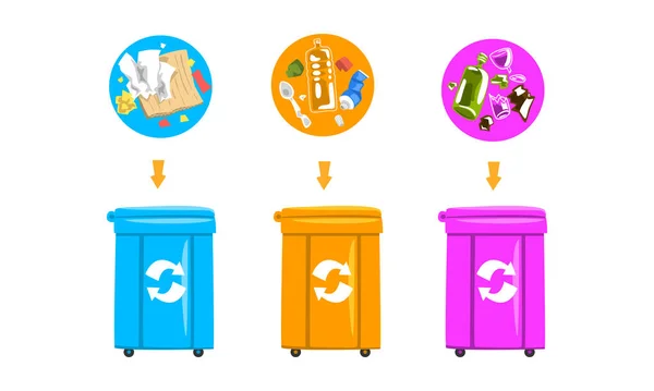 Waste Sorting and Litter Recycling with Dustbin with Different Trash Vector Set — Stock Vector