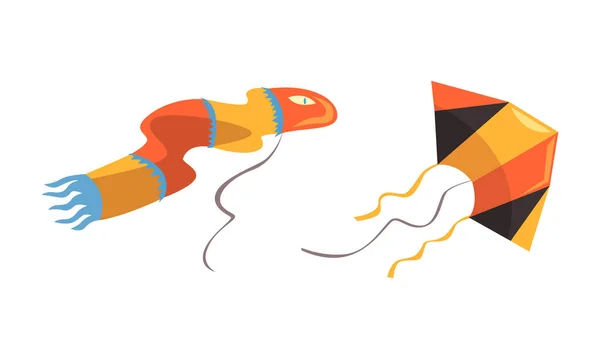 Kite colorido como artesanato amarrado com superfícies de asa e conjunto de vetor de cauda —  Vetores de Stock