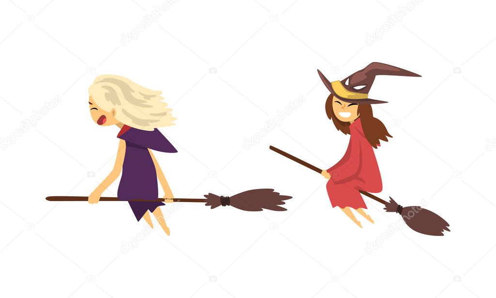 Cute Little Witch in Pointed Hat Flying on Broomstick Vector Set