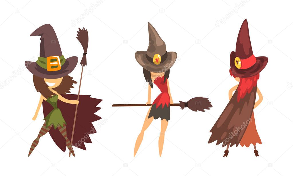 Cute Little Witch in Pointed Hat with Broomstick Vector Set