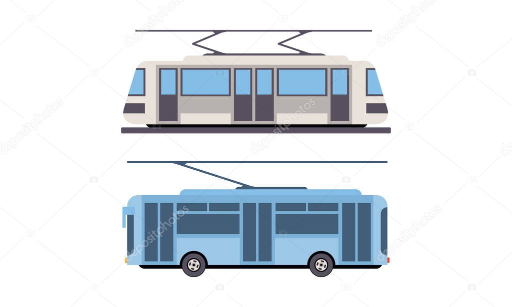 Tram or Streetcar and Trolleybus as Rail Vehicle Running on Tramway Track Along Urban Streets Vector Set
